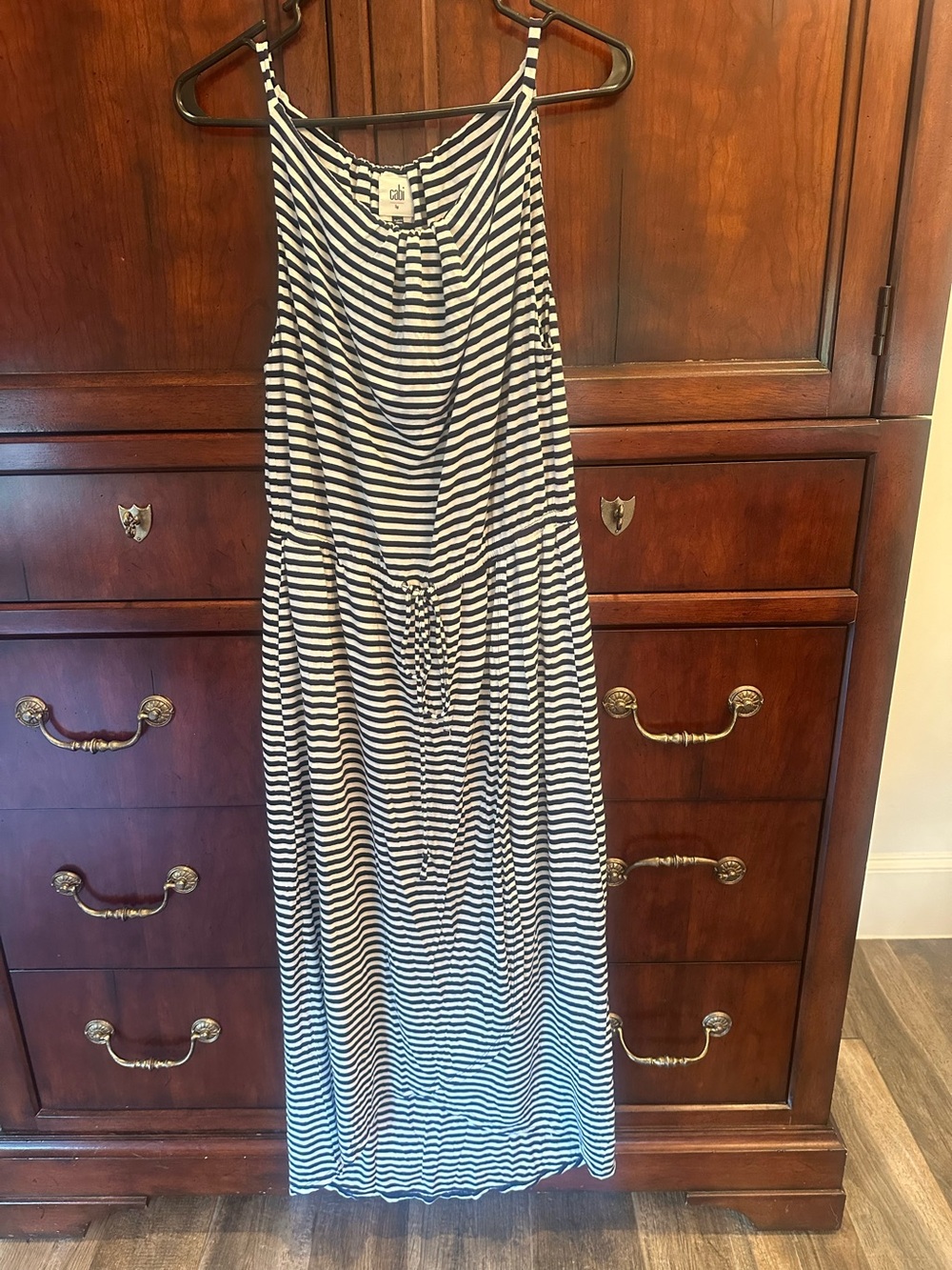 CAbi Dark Navy and White Striped Sleeveless Maxi Dress